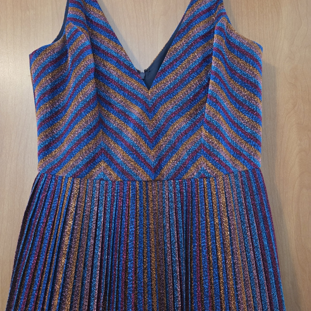 DRESS THE POPULATION Haley Metalic Cobalt Multi Color Midi Dress Size M - Picture 3 of 10